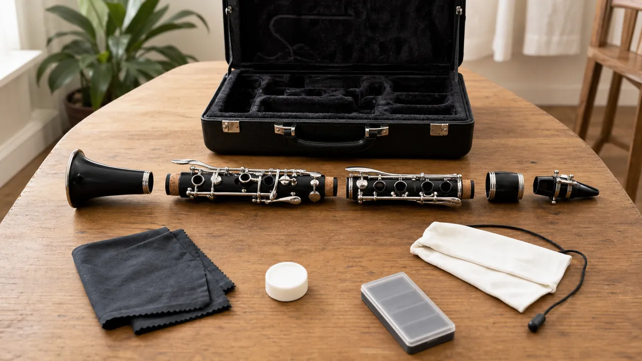 Unbranded black clarinet joints, case and cleaning accessories arranged on a music-room table