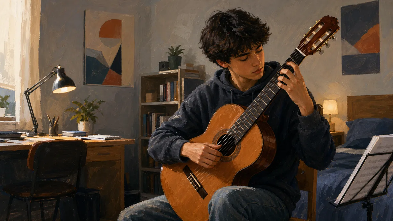 AI-generated painterly scene of a teenager practicing an unbranded classical guitar in a bedroom