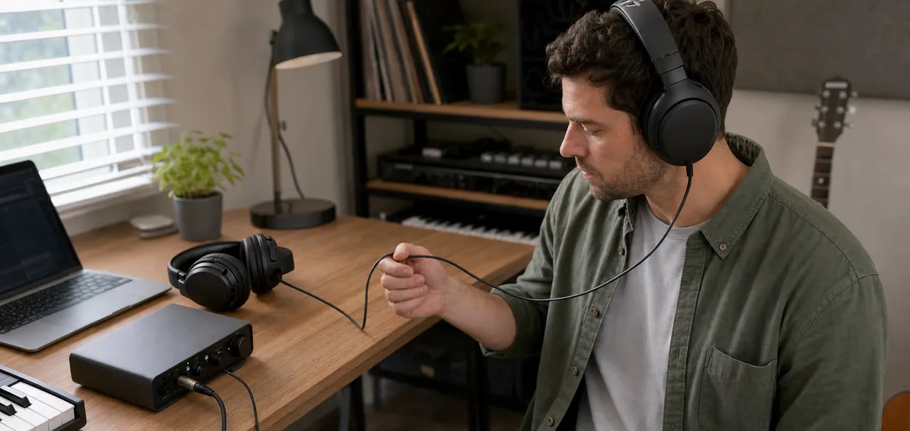 Music maker checking cable reach with generic unbranded closed-back headphones at a home audio desk