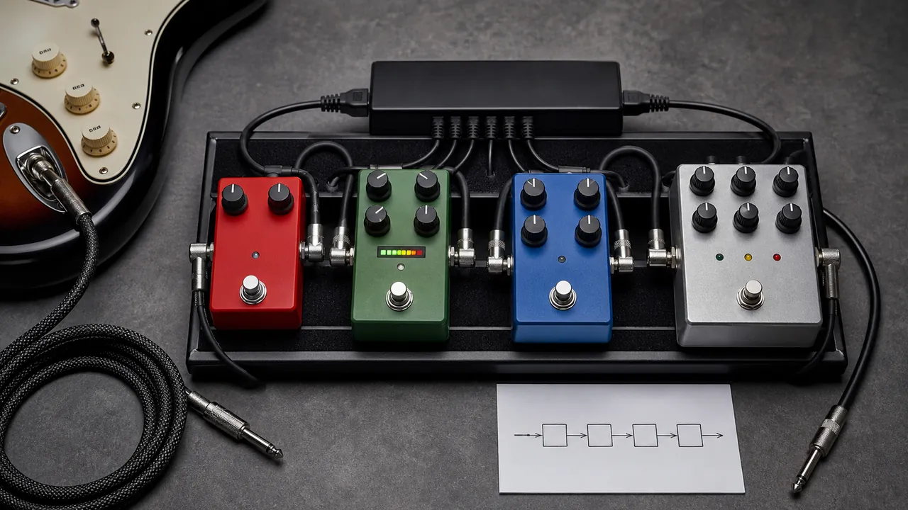 Four generic unbranded compressor pedals connected on a pedalboard beside a blank signal-chain diagram