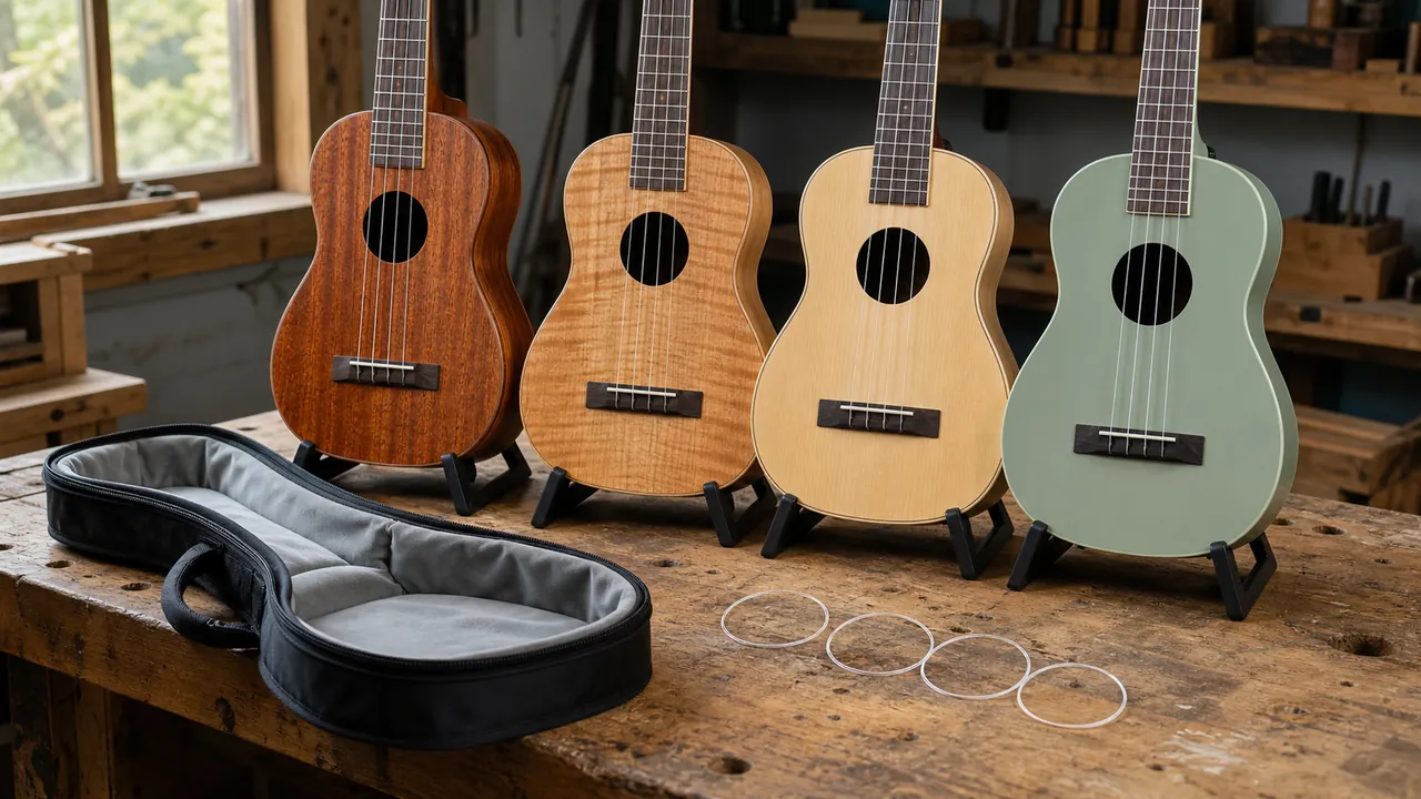 Four generic concert ukuleles in wood and sage finishes beside an open plain gig bag and loose strings
