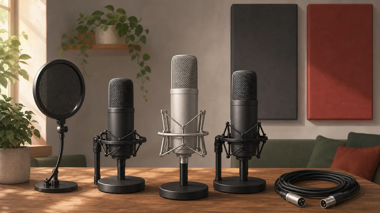 Generic condenser microphones, pop filter and cable in a home recording room