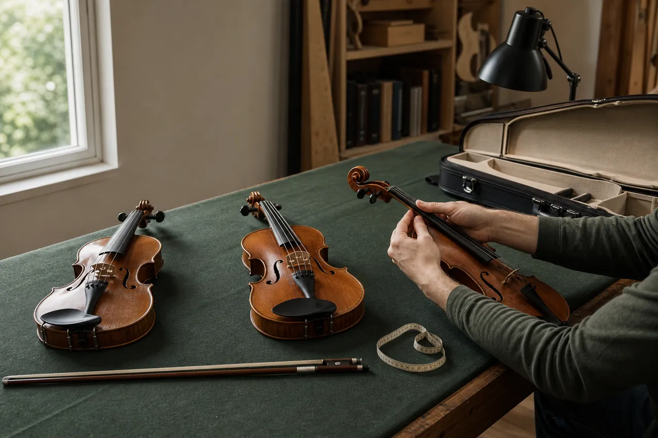 Three unbranded violins arranged for comparison on a padded workshop table