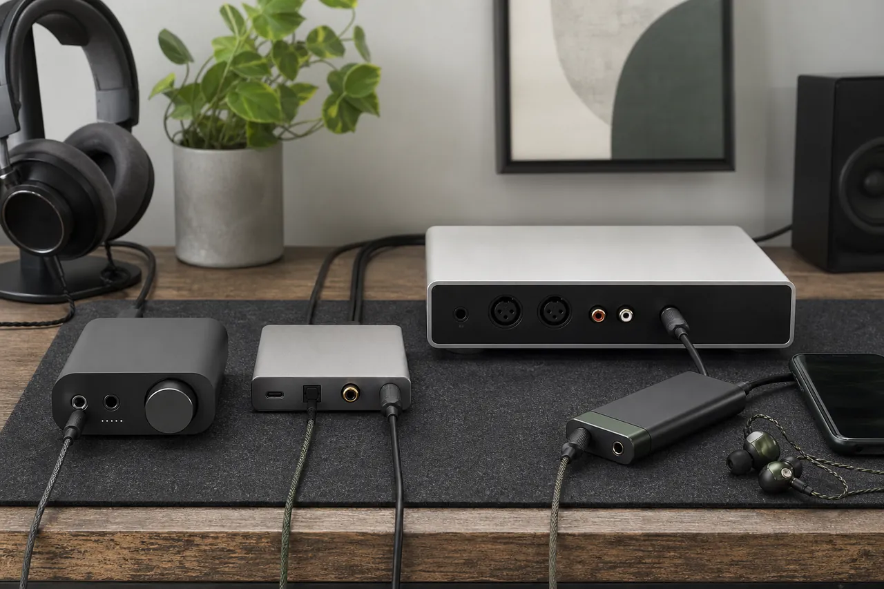 Four generic unbranded desktop and portable DACs connected on an audio workbench