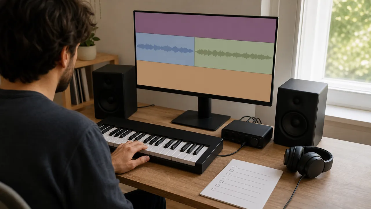 Musician at an unbranded home recording desk with a MIDI keyboard, blank audio interface, headphones and abstract audio blocks on a monitor