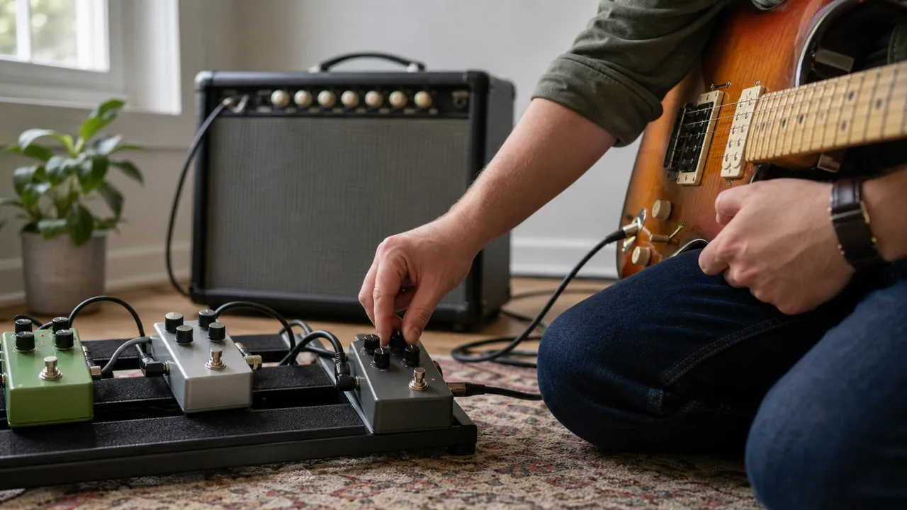 Guitarist adjusting generic unbranded effects pedals beside an amplifier in a home practice room