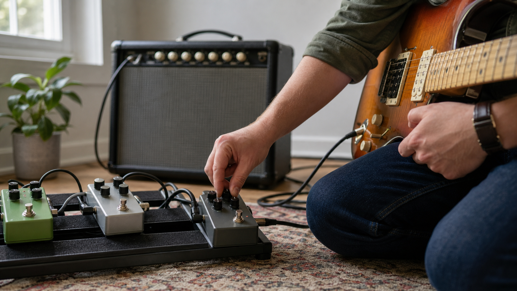 Guitarist adjusting generic unbranded effects pedals beside an amplifier in a home practice room
