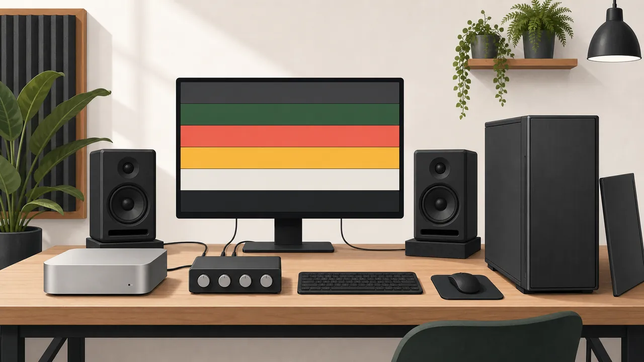 Generic compact computer and tower in a music-production workspace