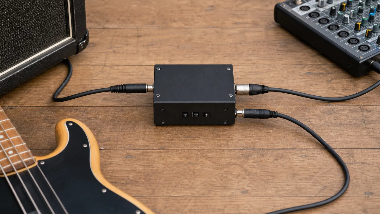 Generic unbranded direct box linking an instrument, amplifier and mixer with audio cables