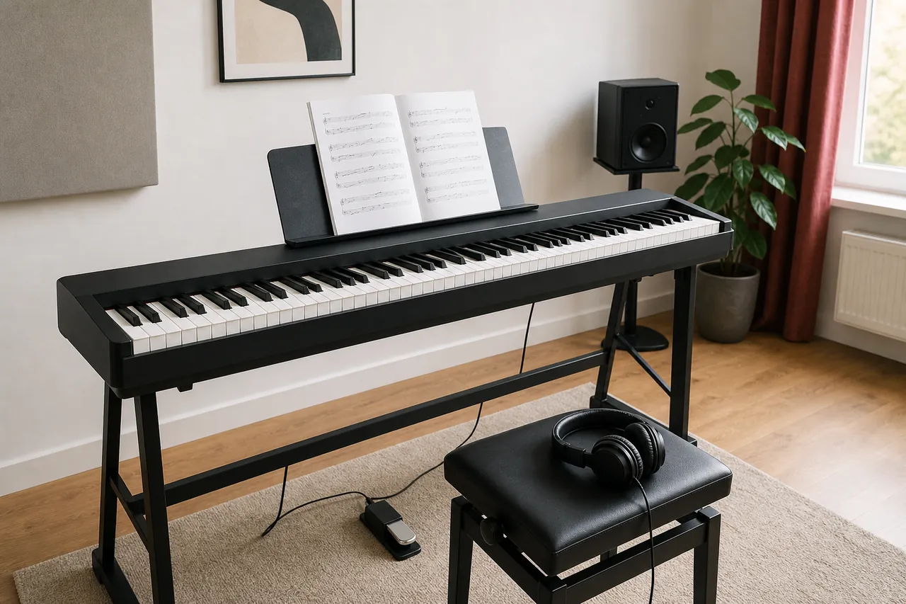 Unbranded digital piano in a bright home music room with bench, headphones and small stage monitor