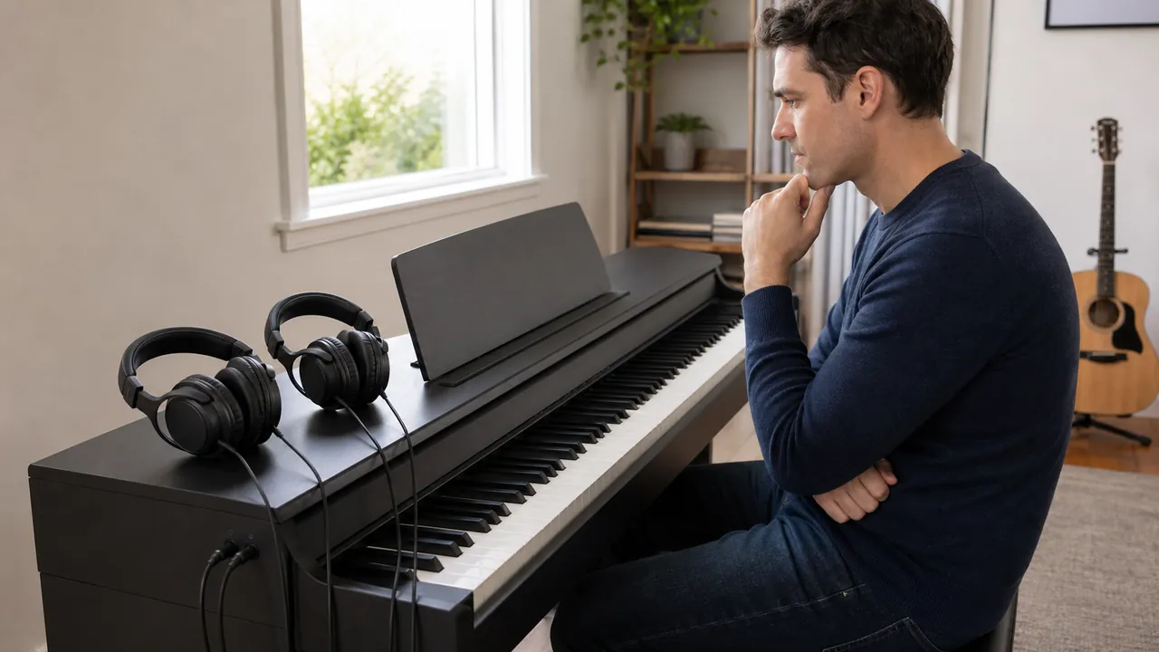 Pianist comparing two generic wired over-ear headphones beside a digital piano