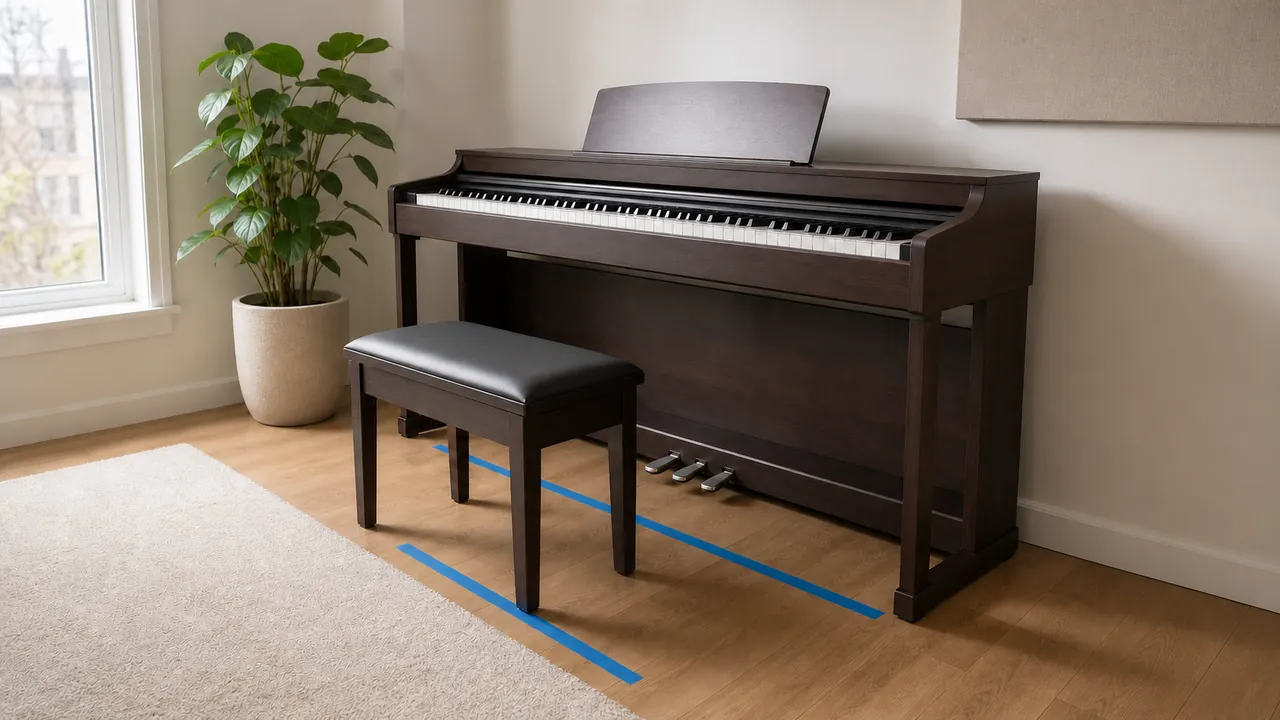 Unbranded home digital piano and bench with blue floor tape marking the playing area
