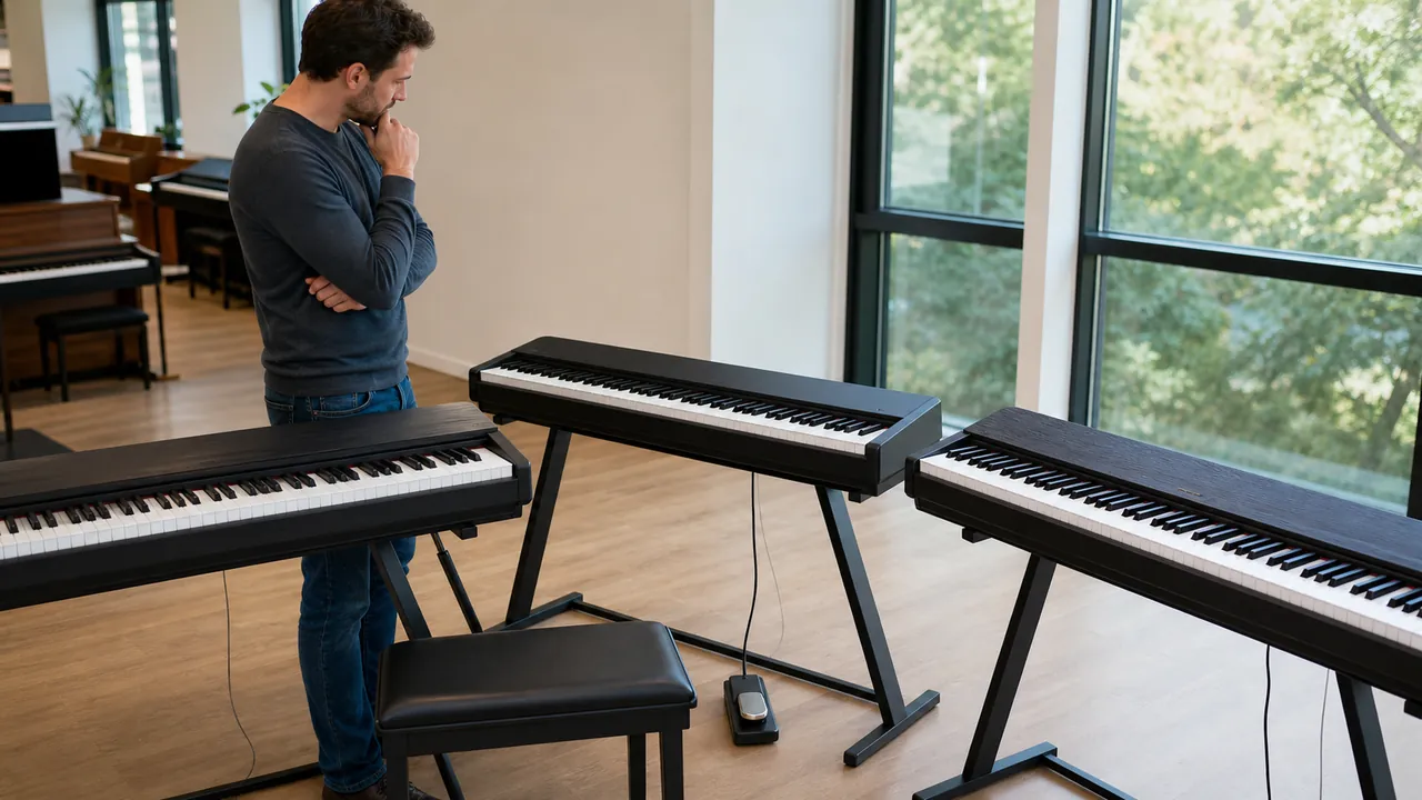 Shopper comparing a row of generic portable digital pianos in a music store