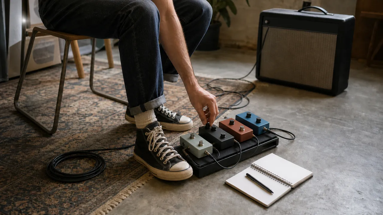 Guitarist adjusting blank unbranded pedals beside a small amplifier and settings notebook