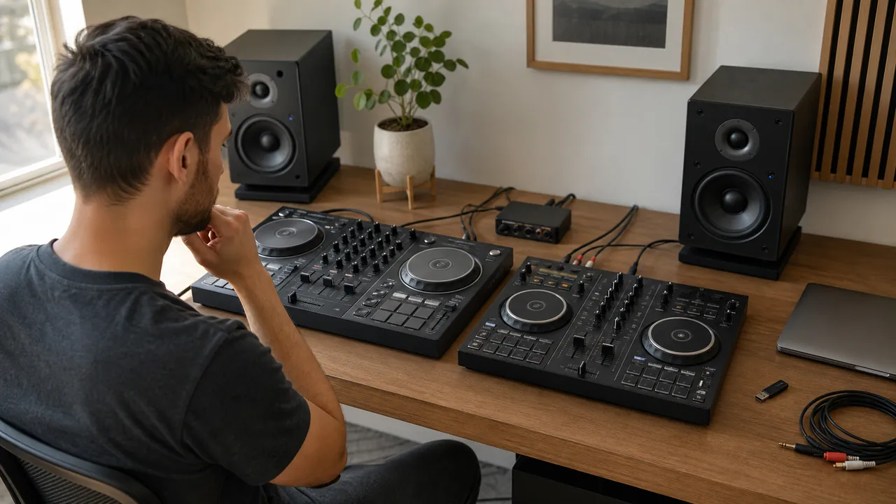 A DJ compares two generic controller layouts at a home studio desk.