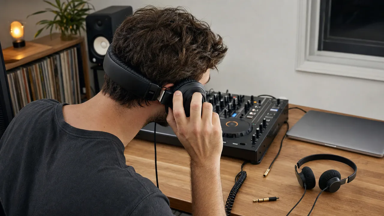 A DJ rehearses one-ear cueing with generic wired headphones at a home studio.