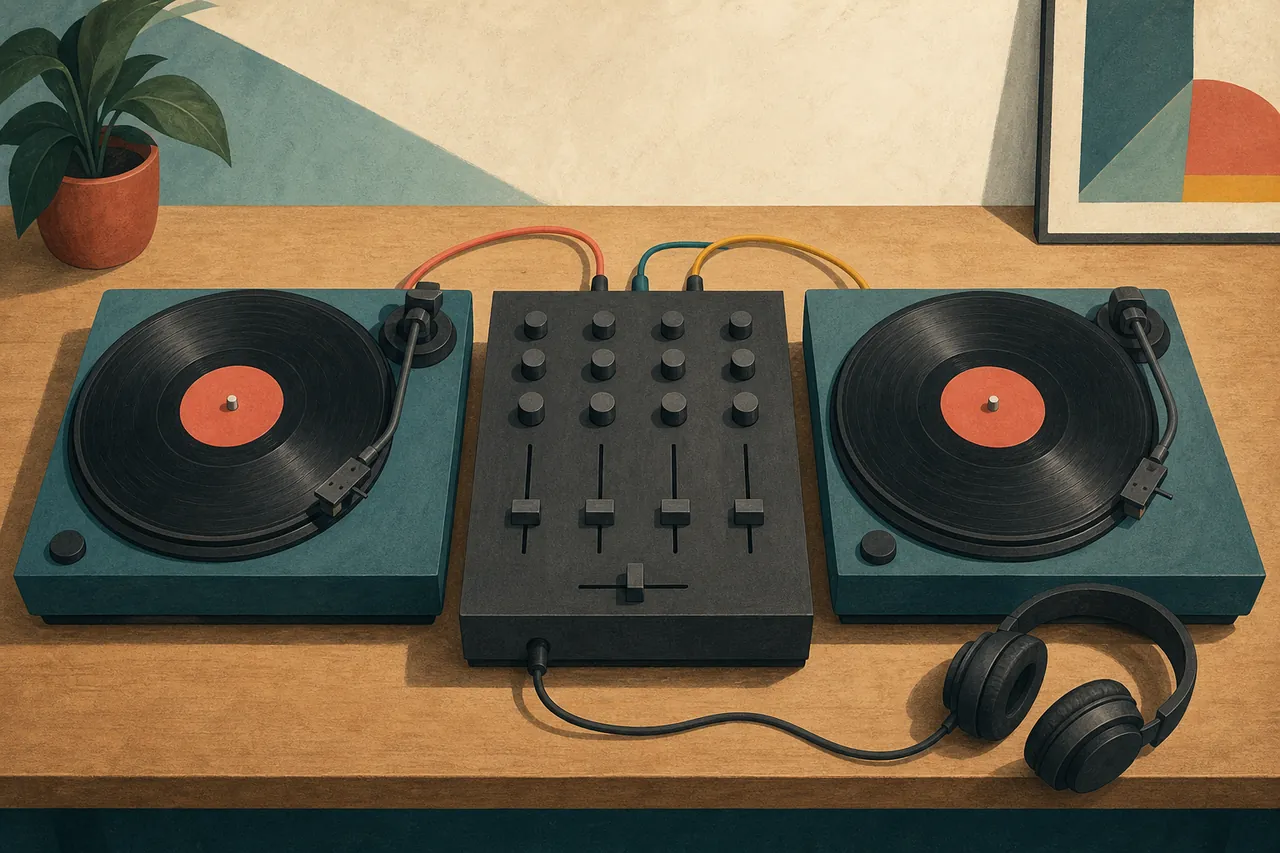 Illustration of two generic record decks connected to an unbranded DJ mixer
