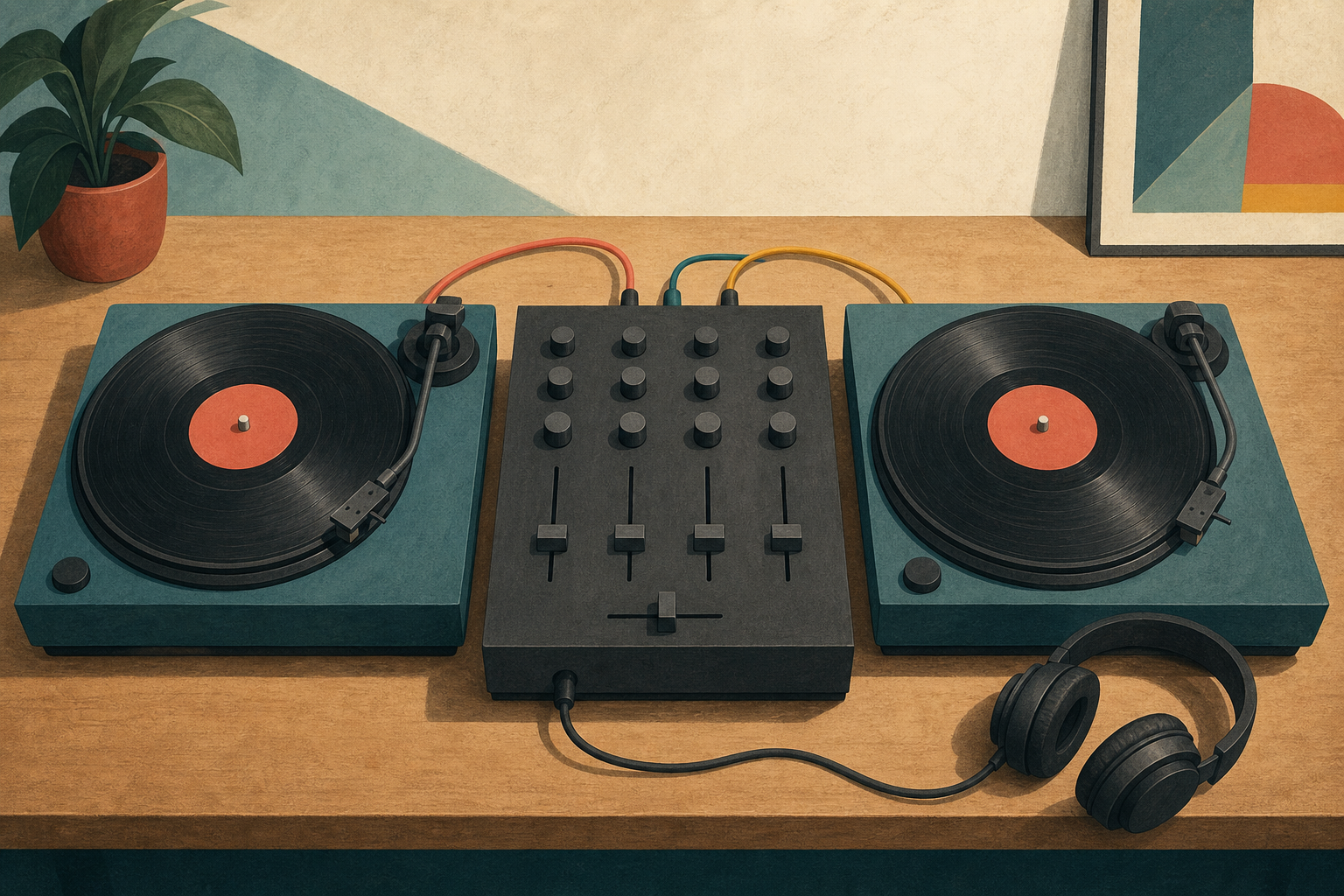 Illustration of two generic record decks connected to an unbranded DJ mixer
