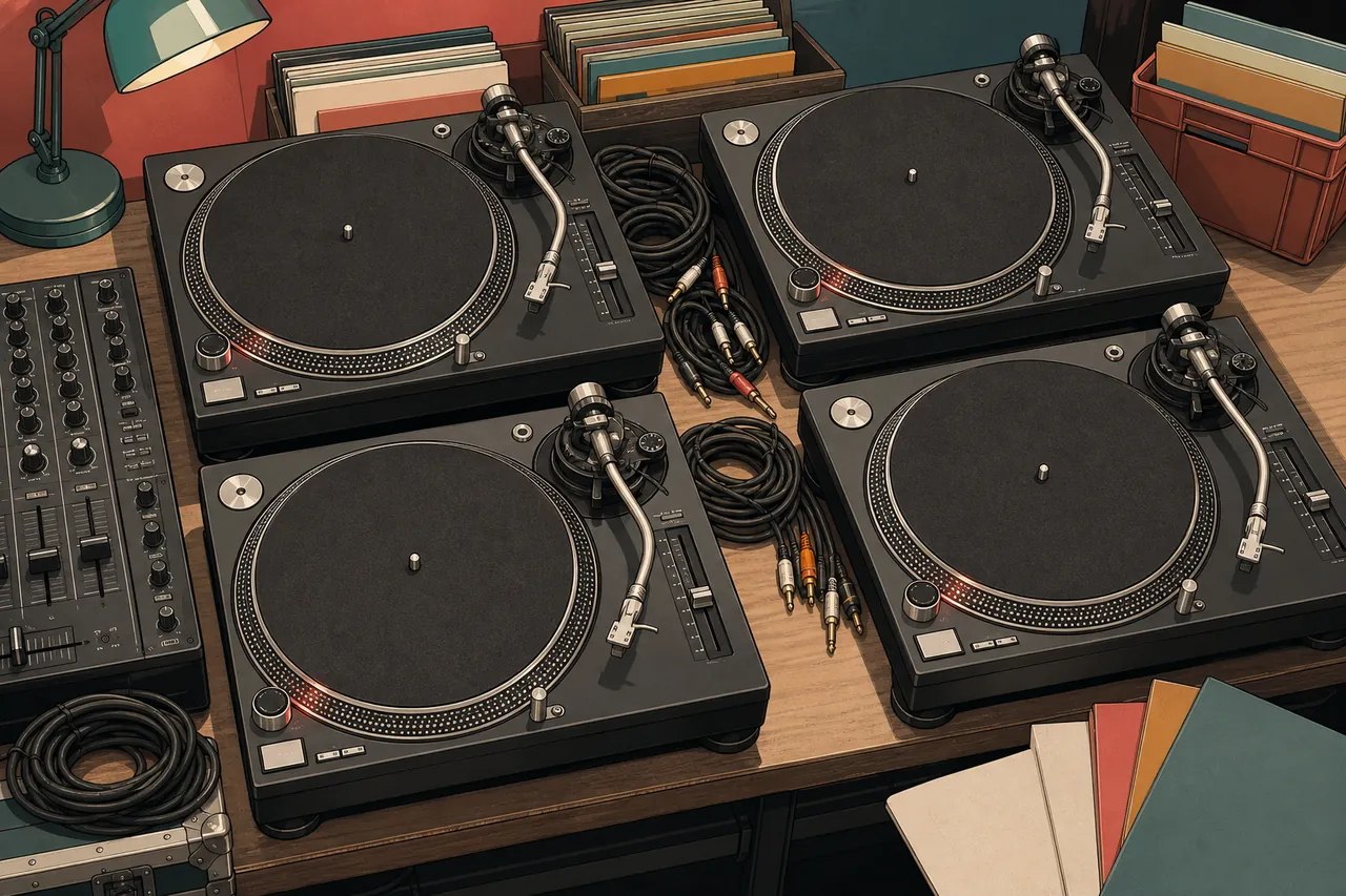 Illustration of four generic unbranded DJ turntables and booth cables