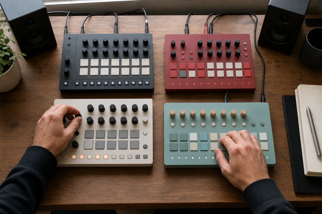 Four generic unbranded tabletop rhythm machines on a music studio desk