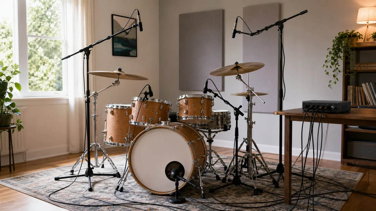 Generic acoustic drum kit with close microphones, overheads and cables in a home recording room