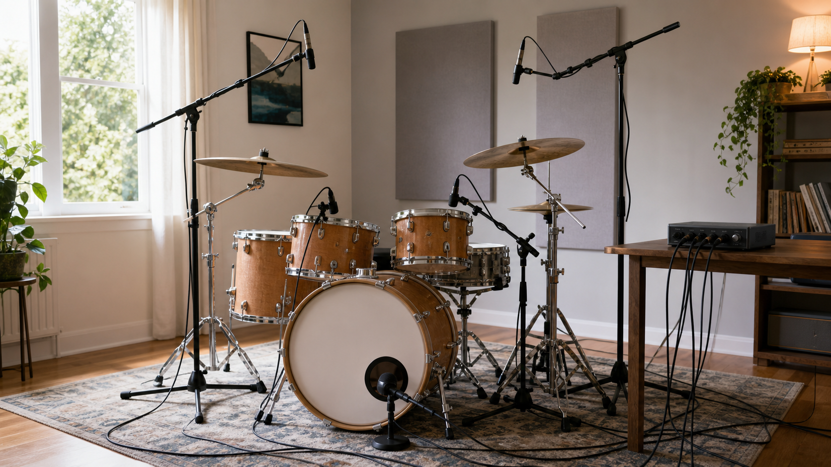 Generic acoustic drum kit with close microphones, overheads and cables in a home recording room
