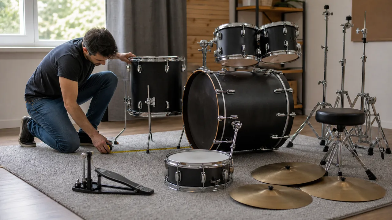 Adult measuring the floor space around an unbranded acoustic drum kit during assembly
