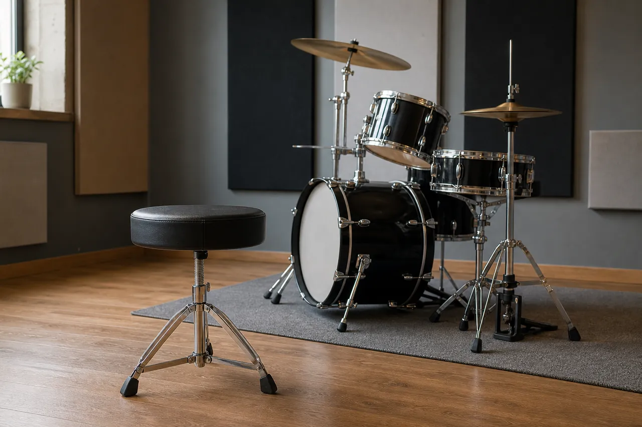 Unbranded round drum throne beside an acoustic drum kit in a rehearsal room