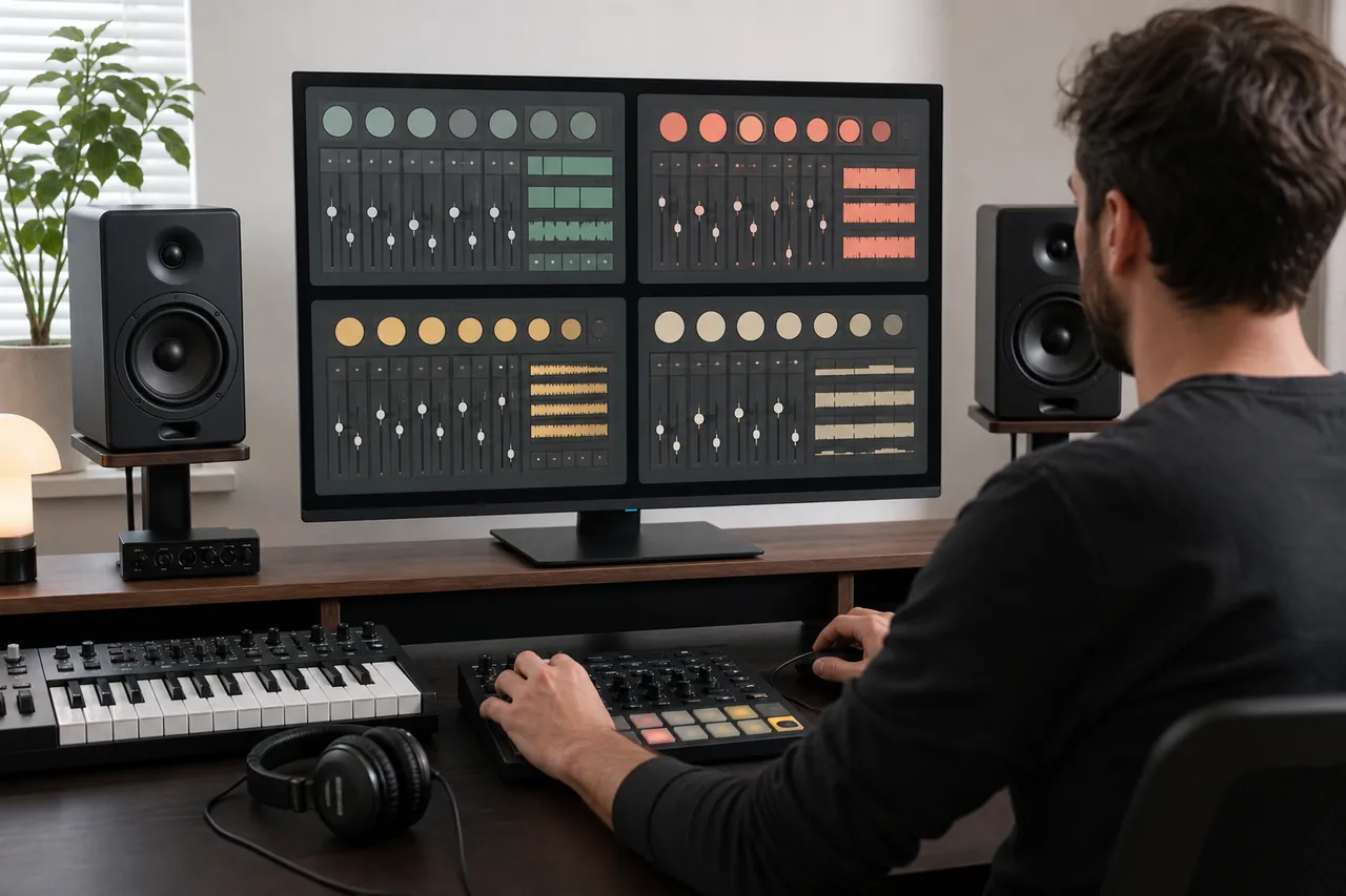 Producer comparing four generic unlabeled virtual drum interfaces on a studio monitor