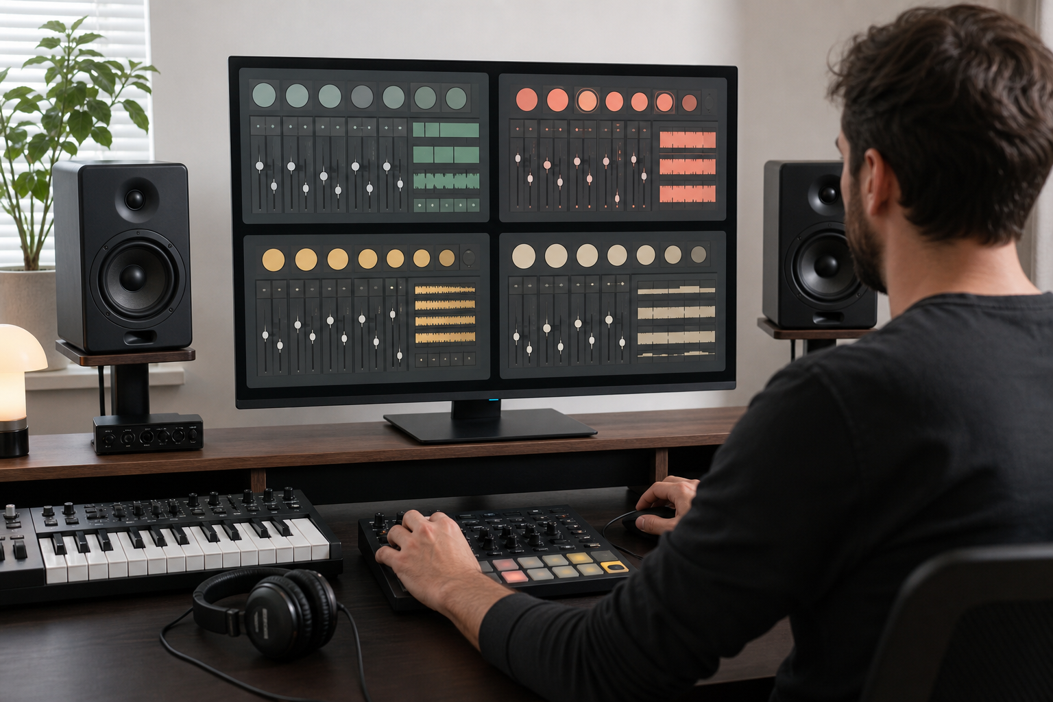 Producer comparing four generic unlabeled virtual drum interfaces on a studio monitor