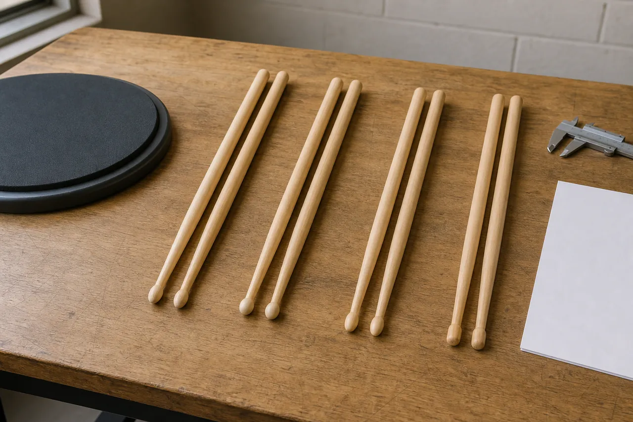 Four unbranded pairs of natural wood drumsticks beside a practice pad and caliper