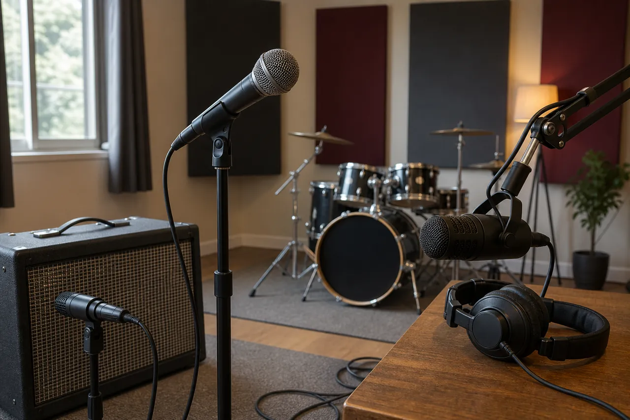 Generic wired microphones arranged in a rehearsal room for vocal, instrument, and desk use