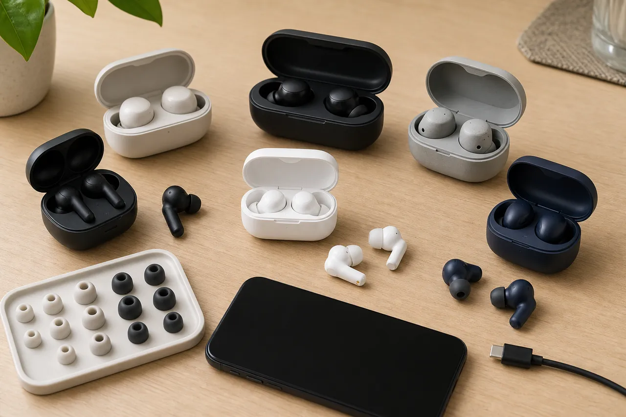 Generic wireless earbuds, charging cases, silicone tips, a blank phone, and a USB-C cable on a desk