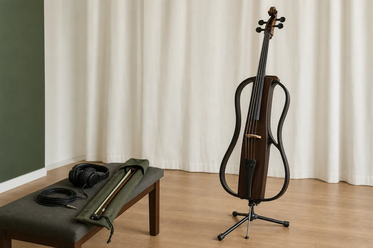 A generic unbranded electric cello on a floor stand beside headphones, cable and bow