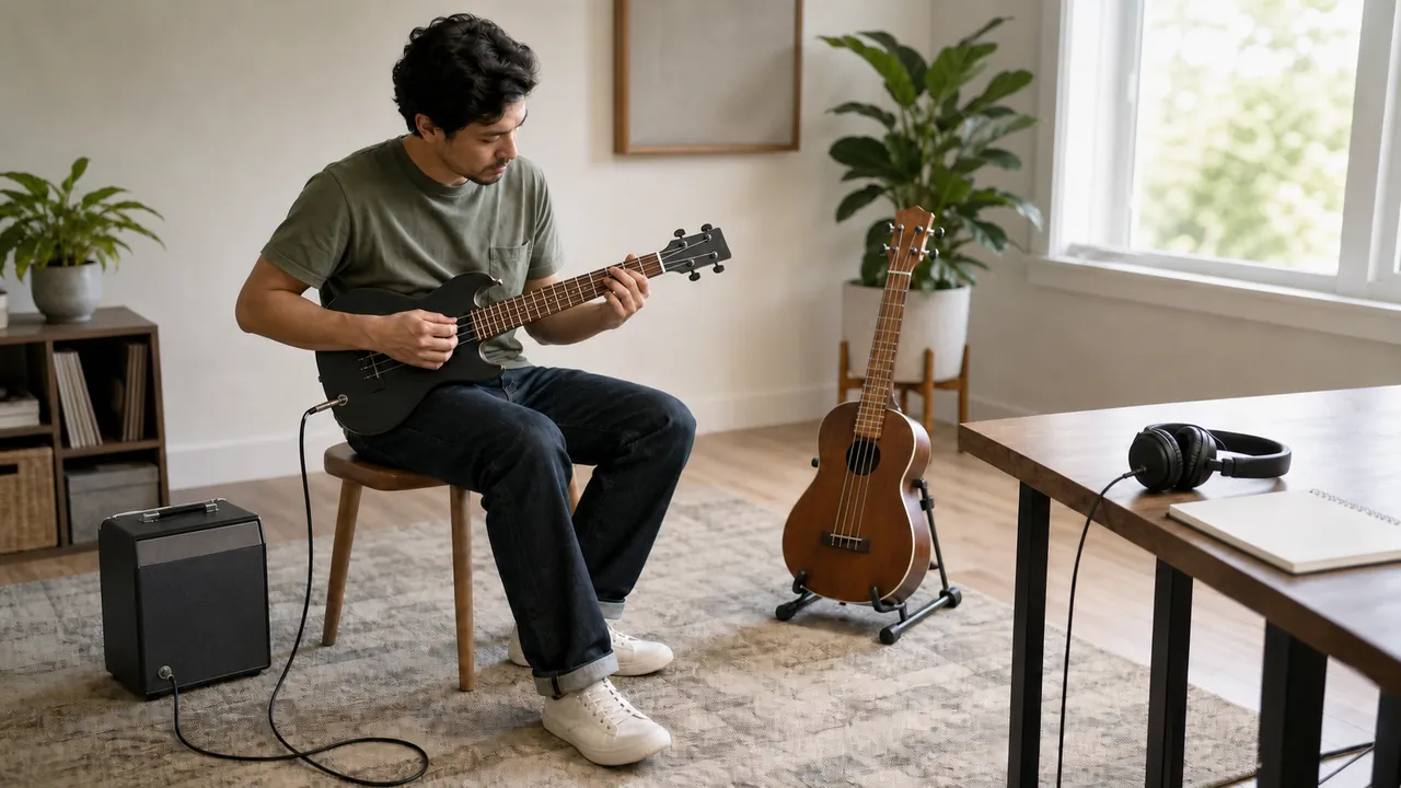Musician playing a generic unbranded four-string solid-body ukulele beside an amplifier and acoustic ukulele