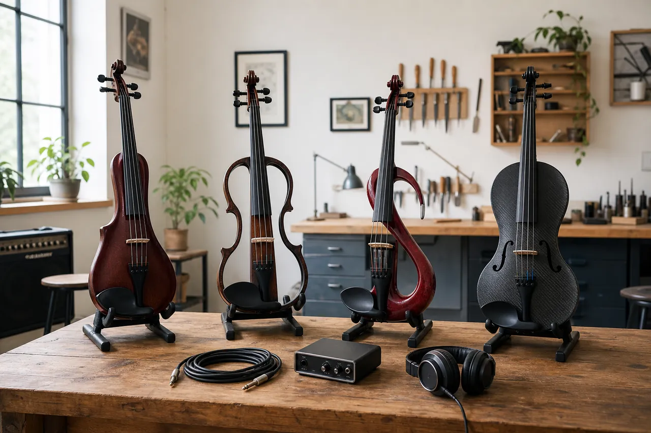 Four generic unbranded electric viola forms on padded stands with a cable, DI box, and headphones
