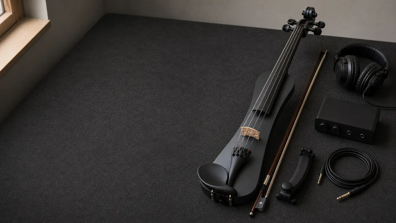 Generic unbranded electric violin beside a bow, shoulder rest, cable, interface, and headphones