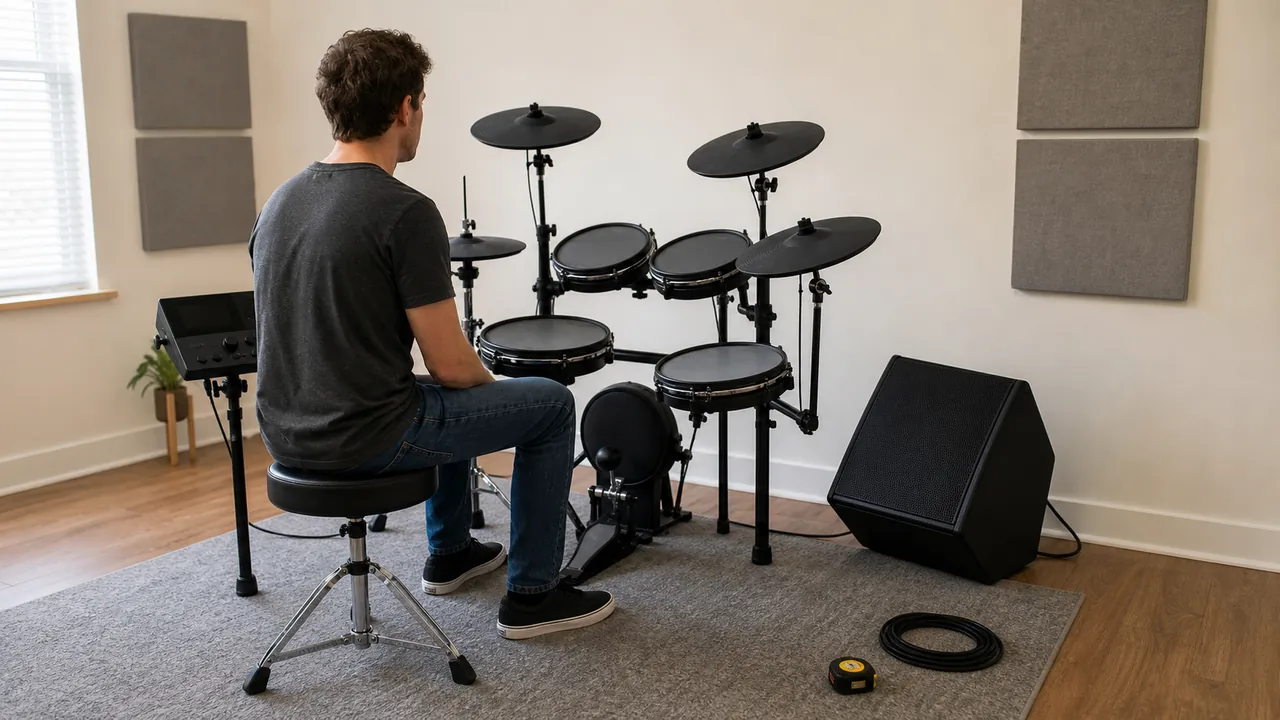 A drummer seated at a generic electronic kit beside an unbranded wedge monitor, with a cable and tape measure on the floor.