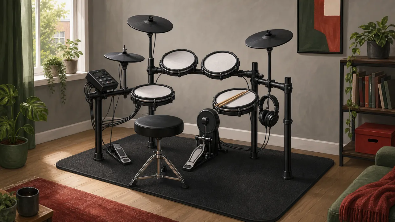 Generic electronic drum kit, throne and headphones arranged on a thick mat in an apartment practice corner