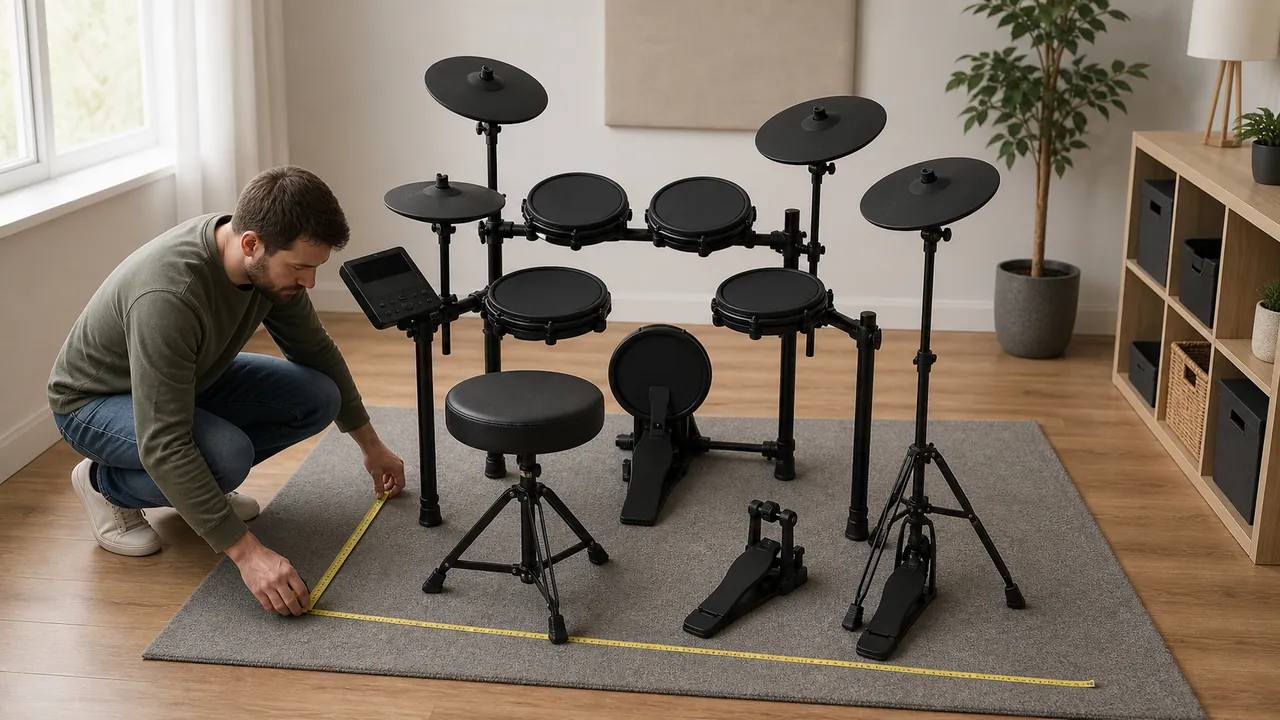 A buyer measures the floor space around a generic electronic drum kit and separate pedals.