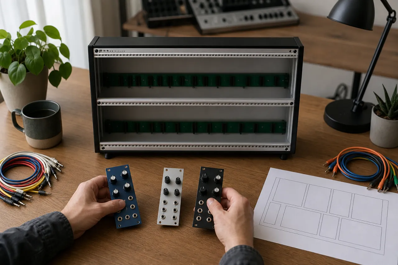 Hands arranging generic Eurorack modules beside an empty unpowered case and a blank rack plan