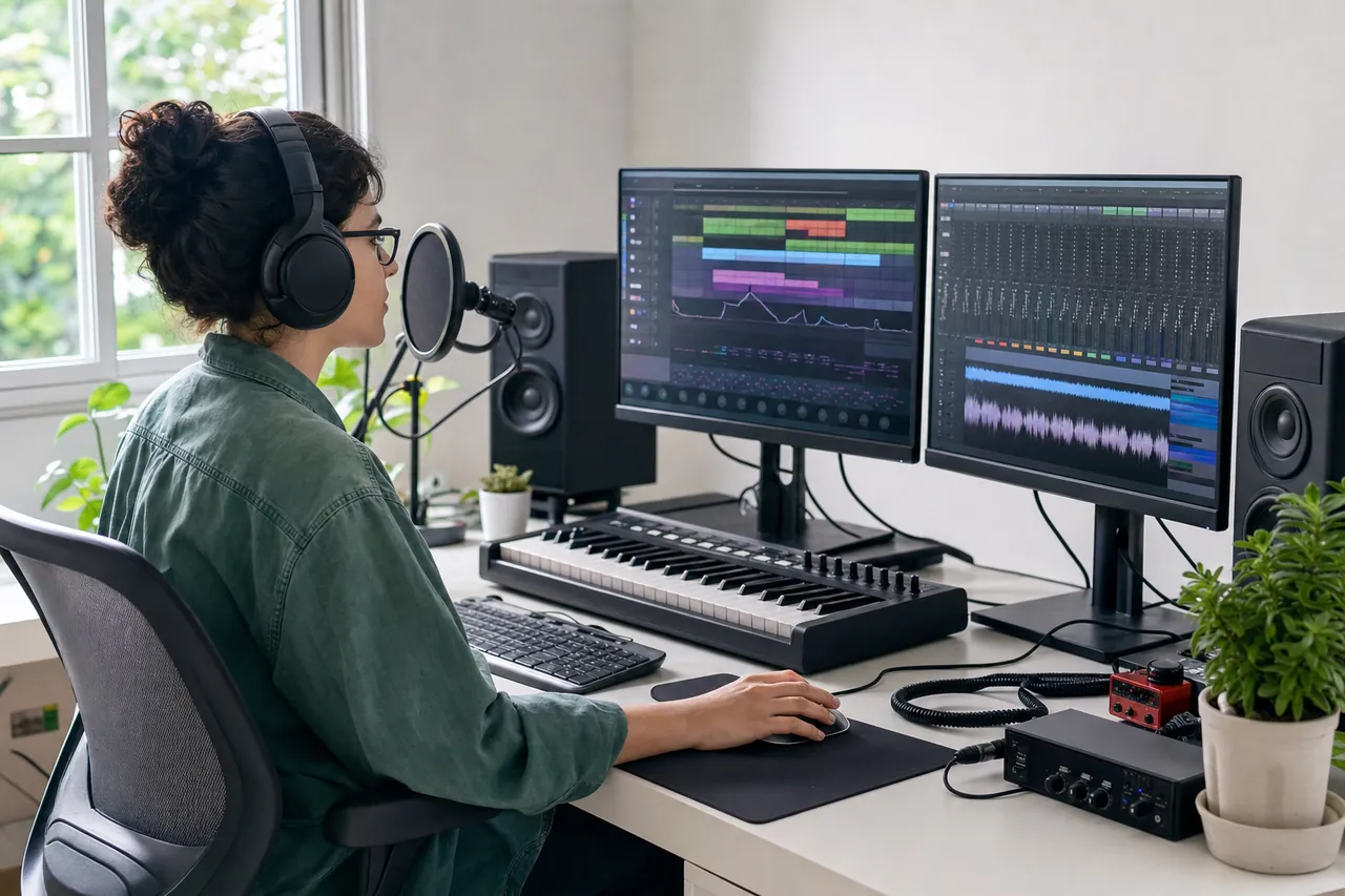 Musician at a bright home studio with generic unlabeled audio timelines on two monitors