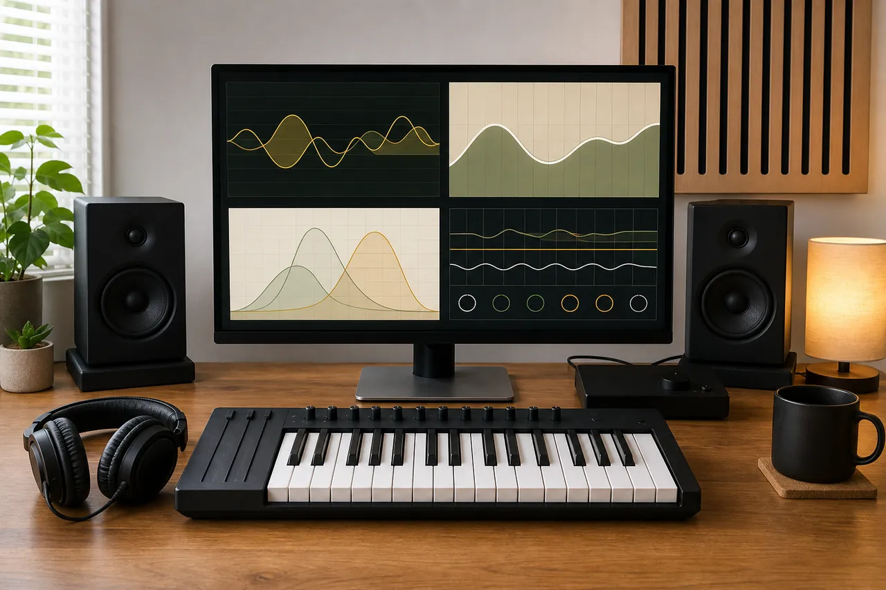Generic music production desk with a monitor showing four unlabeled abstract synthesizer panels