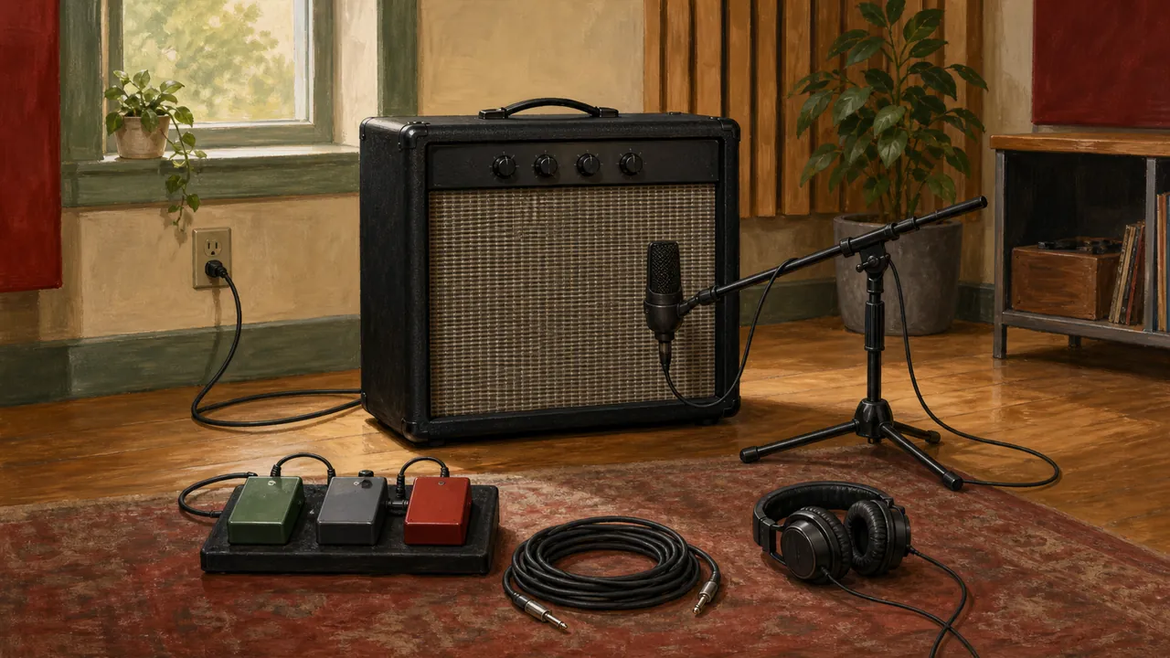 Generic guitar combo amplifier, microphone, three unmarked pedals, cable and headphones in a tidy rehearsal room
