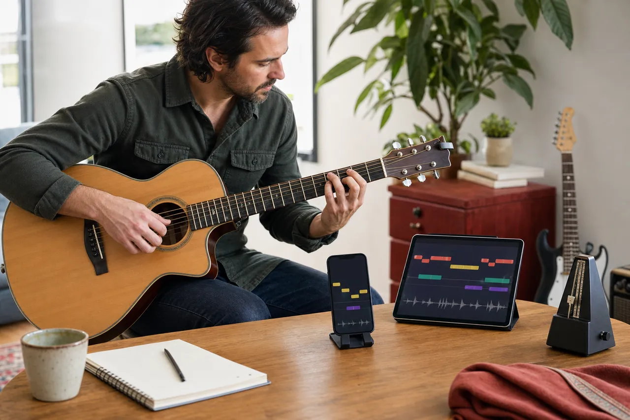 Guitarist practicing beside generic unlabeled phone and tablet screens in a bright room