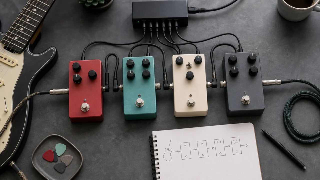 Four generic unbranded guitar pedals connected to a power supply beside a blank signal-chain sketch