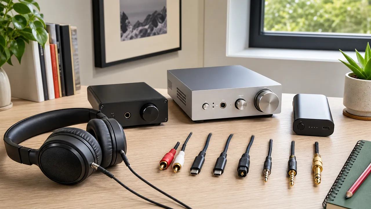 Generic unbranded over-ear headphones beside compact desktop audio boxes and neatly arranged cables