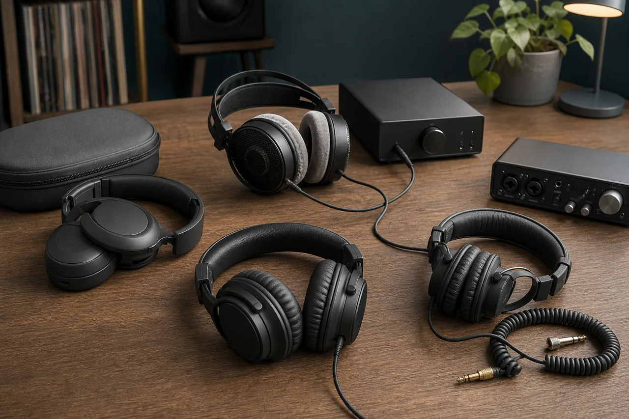 Generic wireless, open-back and closed-back over-ear headphones arranged on a music workspace