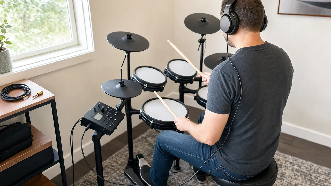 A drummer using wired over-ear headphones at an unbranded electronic drum kit