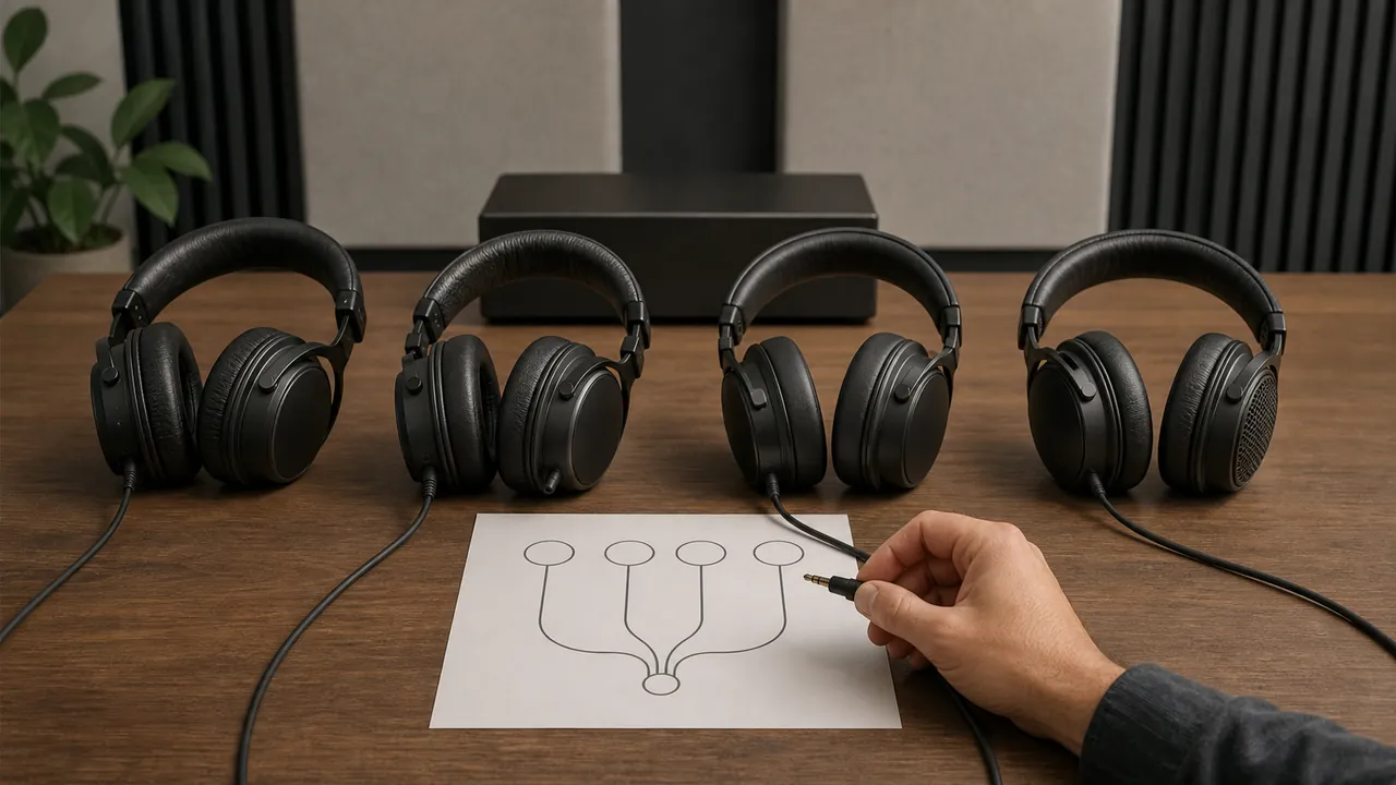 Generic unbranded wired headphones with closed and semi-open cups arranged for a cable-routing decision